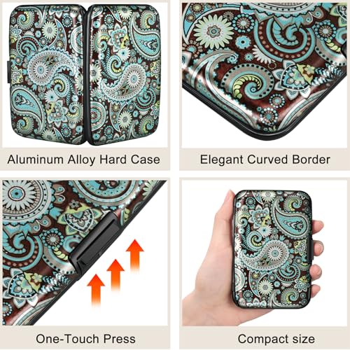 Image of ELFISH Mini RFID Aluminum Wallet Credit Cards Holder Business Card Case Metal ID Case for Men Women (Blue flower)