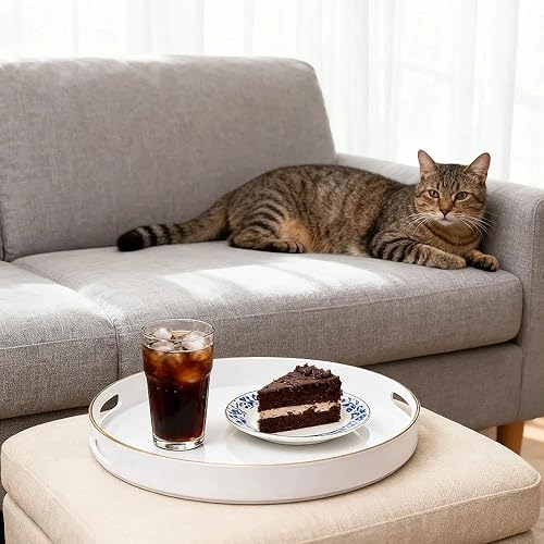 Miniatura 2 de Zosenley Bandeja decorativa, bandeja redonda de plástico con asas, moderna bandeja de tocador y bandeja para servir otomana, mesa auxiliar, cocina