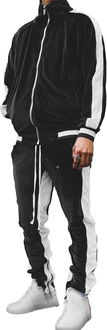 Mens Fashion Velour Tracksuit Outfits 2 Pieces Full Zip Casual Outfits Jacket & Pants Fitness Tracksuit Set