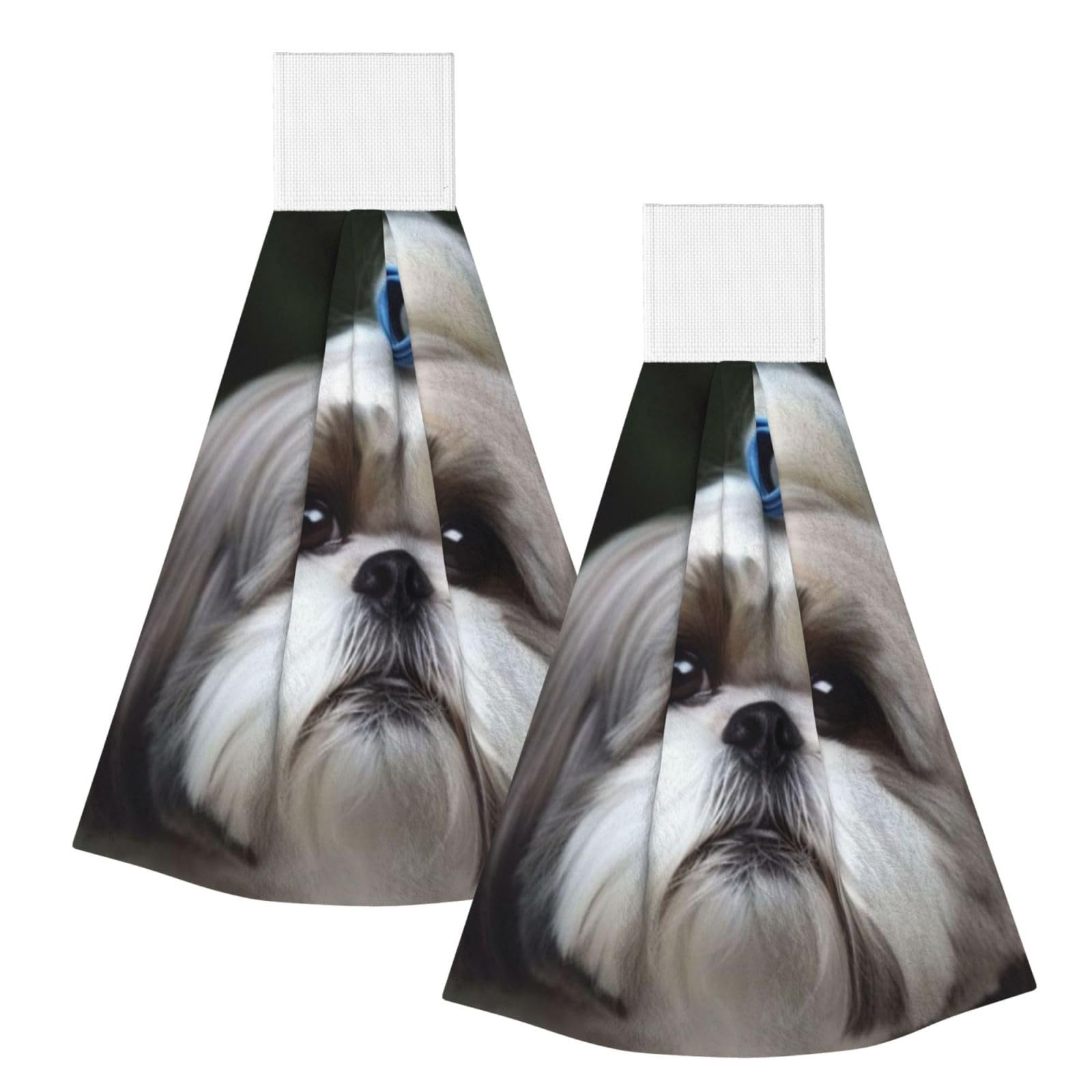 DOPKLNA Shih Tzu Dog, 2 Pcs Hanging Coral Fiber Hand Towels for Bathroom, Absorbent Kitchen Towels