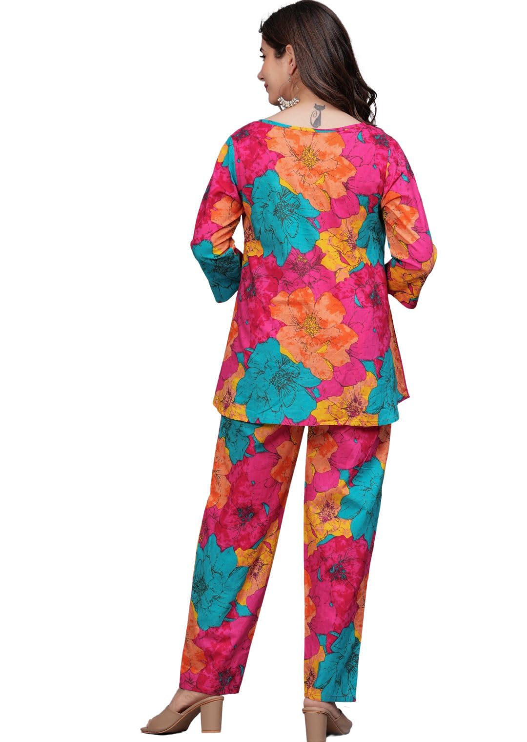 Rytras Women's Pure Cotton Printed Straight Kurta Set With Palazzo Pants - Ethnic Wear, Pink(Ryt606-New,L)