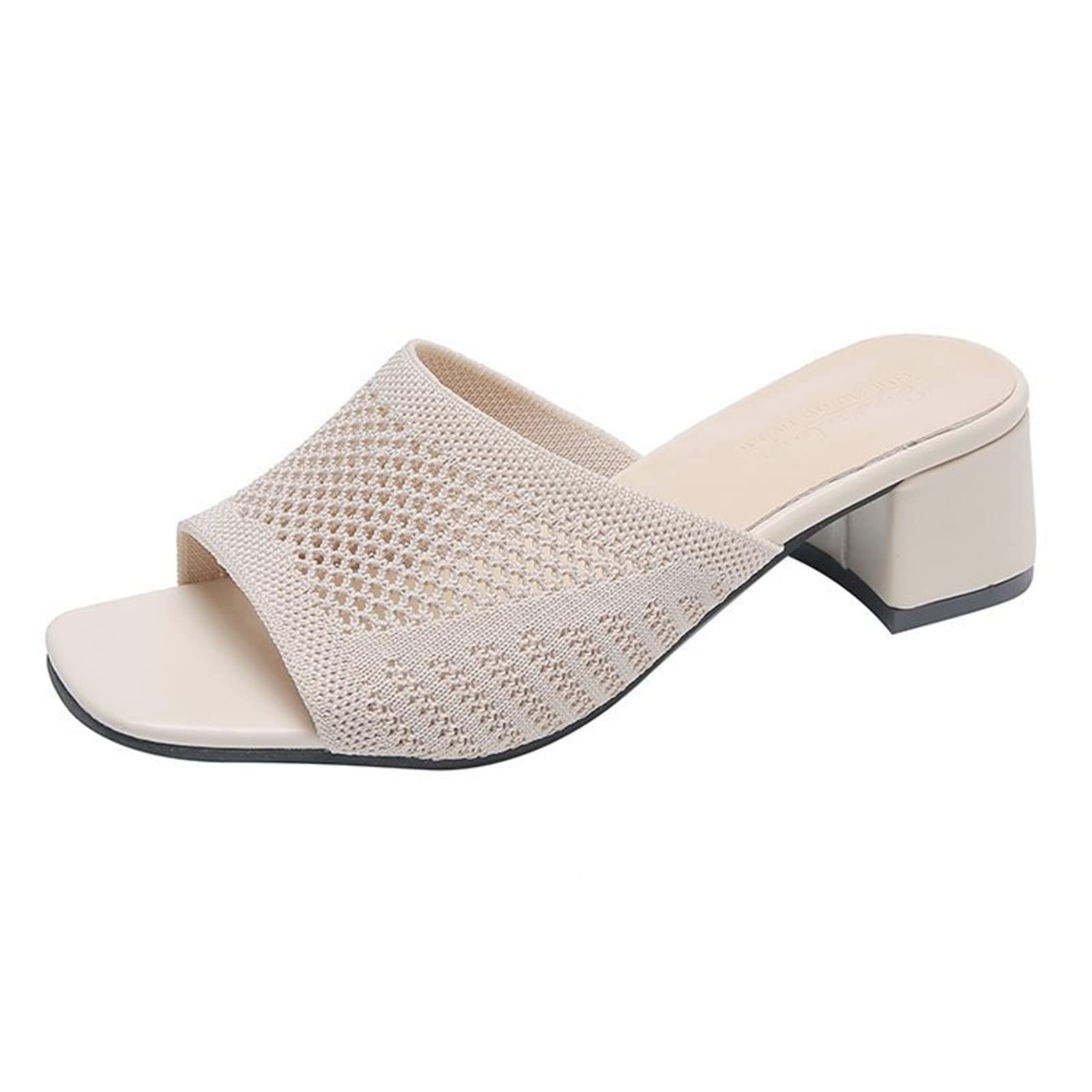 Women's Knit Mesh Slip On Block Heeled Mule Sandals Fashion Square Toe Comfort Casual Beach Low Chunky Heels Open Toe Walking Slide Sandals
