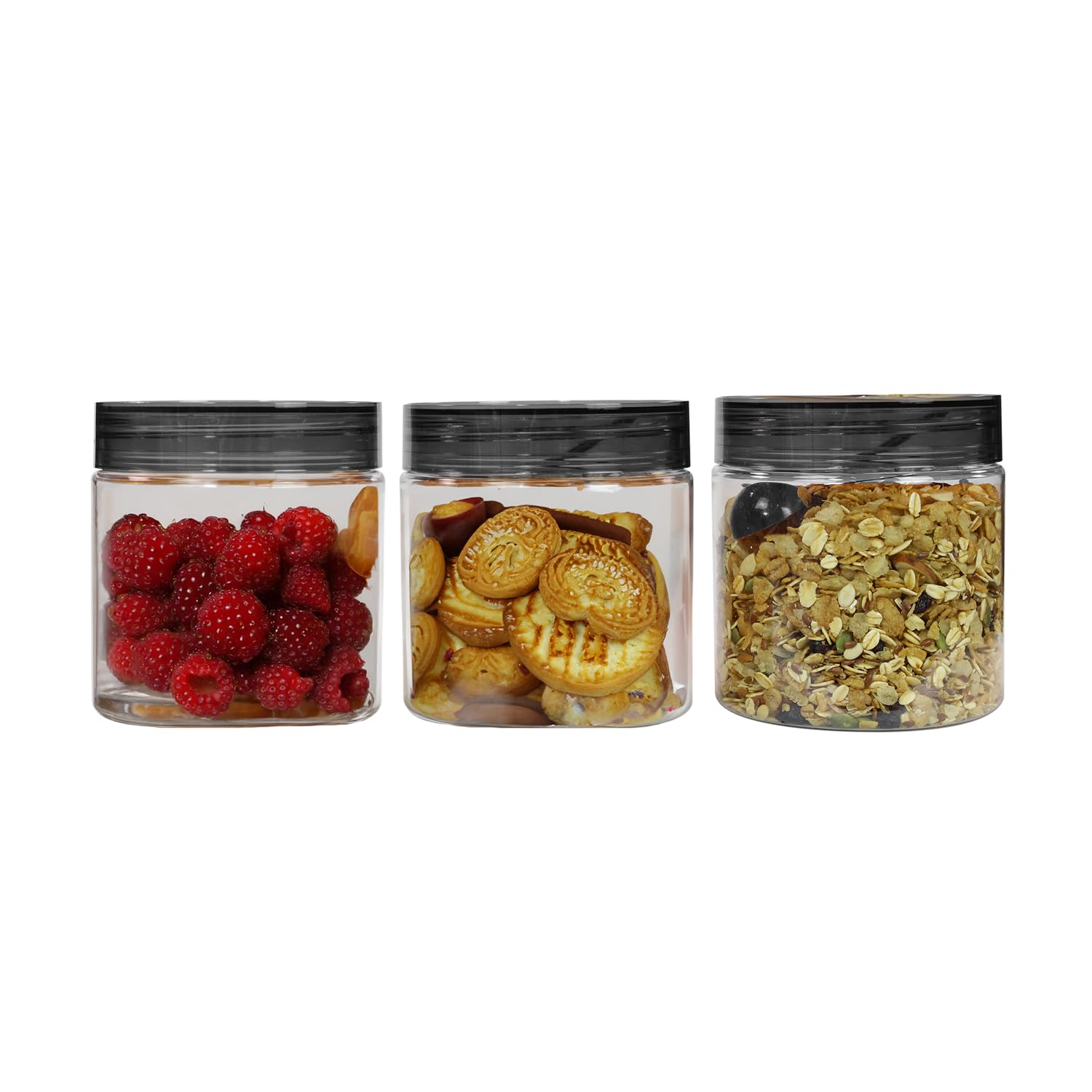 PEARLPET Plastic Containers for Kitchen Storage | Plastic Container Set with Spoon | BPA-Free, Stackable Jars | Black, 500 ML (Set of 3)