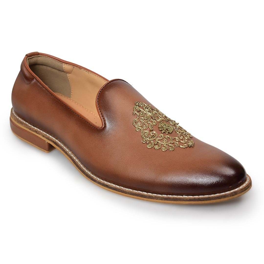 Men's Brown Leather Slip-On Loafers with Gold Embroidery, Formal Shoes-image-27