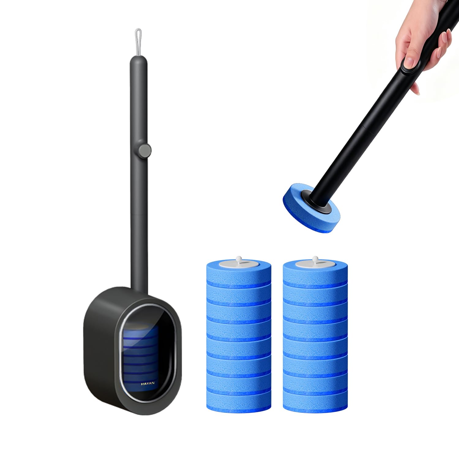Disposable Toilet Brush with Holder, Toilet Wand Kit with 16 Disposable Refill Heads, Hygienic Toilet Cleaning Brush for Bathroom, Toilet Bowl Cleaner Brush Storage Caddy (Black+ 16 Refills)