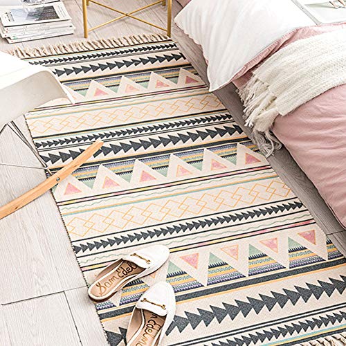 Sumshy Alfombra Étnica Bohemia de Algodón y Ropa - Vintage con Borla de Viento para Sala de Estar, Dormitorio, Cabecera - 90x60cm