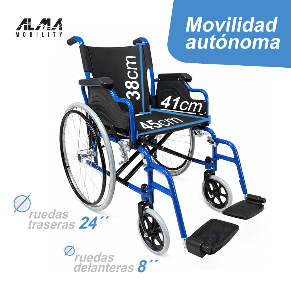 ALMA Power 1.1 Silla de Ruedas Manual - Silla Plegable con Aros de Propulsión, Reposabrazos Abatible, Frenos de Mano, Ruedas Traseras Grandes