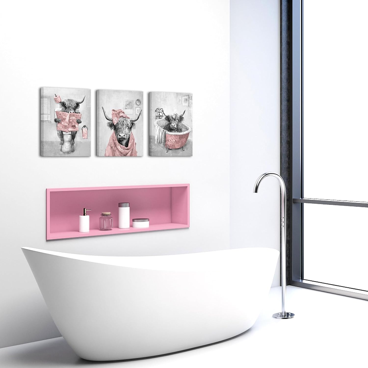 sechars Pink and Grey Bathroom Decor Funny Highland Cow Wall Art Cattle Paintings Apartment Bathroom Hotel Decorations (Pink)