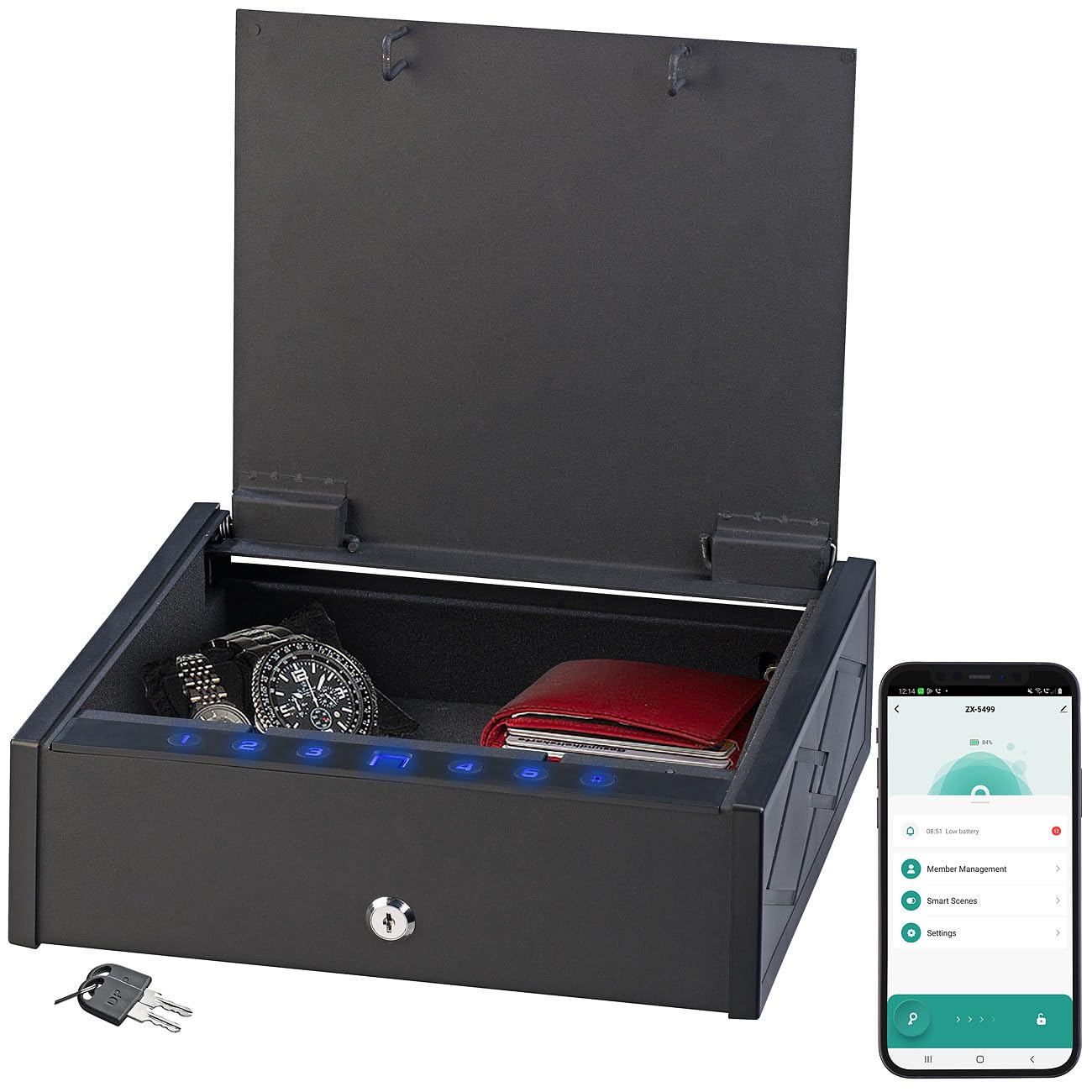Xcase Cassaforte Smart con impronta digitale biometrica, App Bluetooth, PIN e 2 chiavi, nera