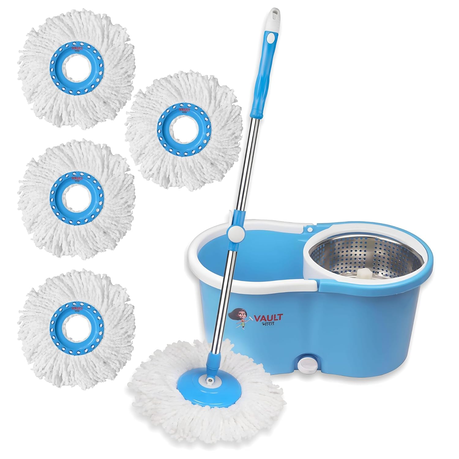Vault Bharat Premium Heavy Quality 360° Spin Mop & Stainless Steel Wringer with 4 Microfiber Refill, Floor Cleaning Mop with Bucket, Mopping Set, Model: V56+4 - Blue (Warranty:1 Year) (B0DCK6S5VF) Amazon Price History, Amazon Price Tracker
