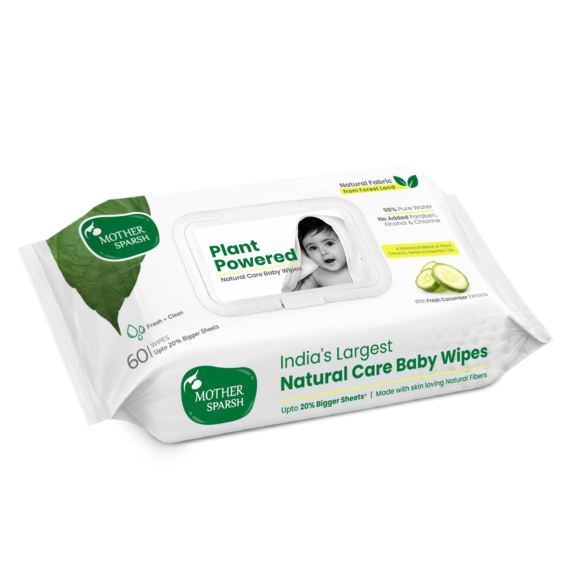 Mother Sparsh Natural Care Baby Wipes I 100% Plant Made Fabric From Forest Land, Fresh + Cleanse (with Cucumber) Plant Powered Wet Wipes For Baby I Cotton Cloth Like Bigger Sheets | 60 Pcs-image-18