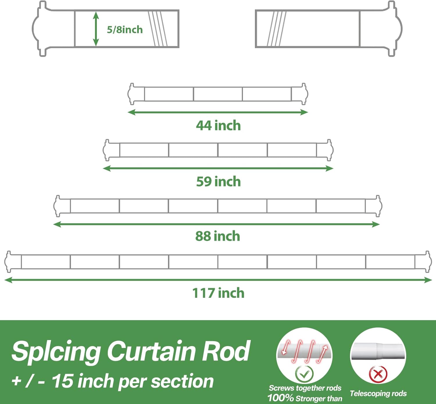 White Curtain Rods 2 Pack - 5/8 Inch Standard Curtain Rods with Brackets for Windows 60 to 122 Inch, Screw-Together Adjustable Drapery Curtain Rod Set