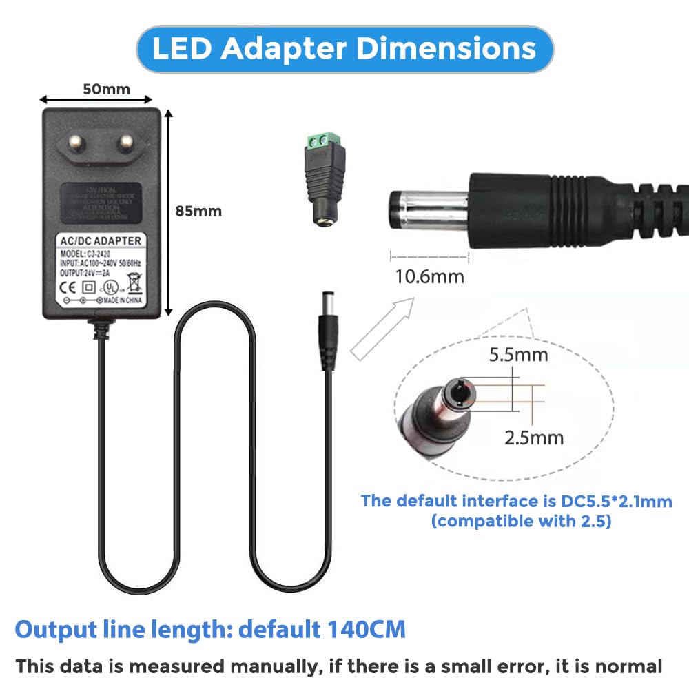 Arotelicht Zasilacz sieciowy LED 24 V 2 A AC 100-240 V transformator 48 W adapter 5,5 x 2,1/2,5 mm - prąd stały, bez migotania i ochrona bezpieczeństwa (bez ładowarki), wtyczka EU