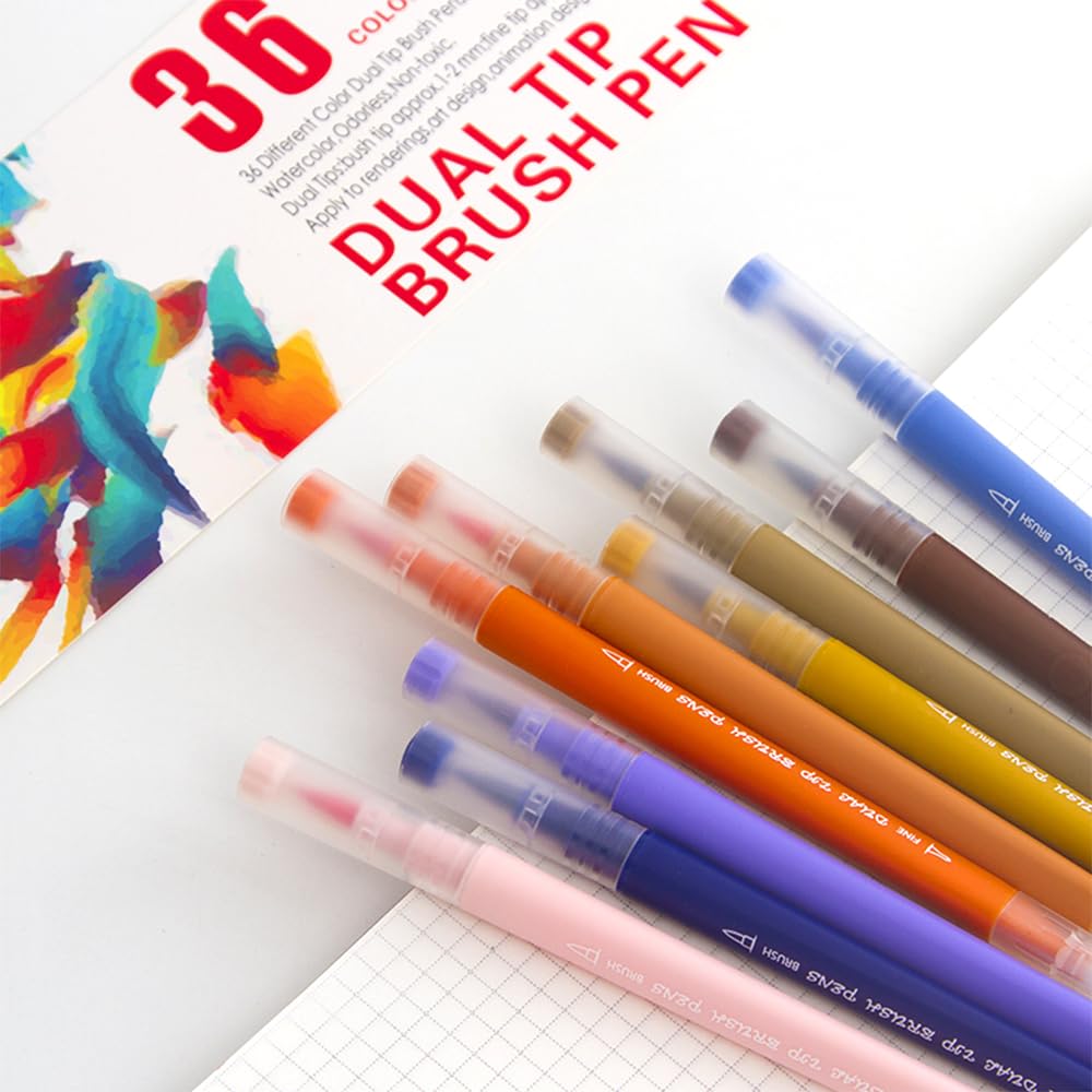 DAM Set mit 36 Filzstiften, Doppelspitze, feine Spitze 0,4 mm und professionelle Aquarellpinsel, 1 x 1 x 16,5 cm, Farbe: Kuh Braun