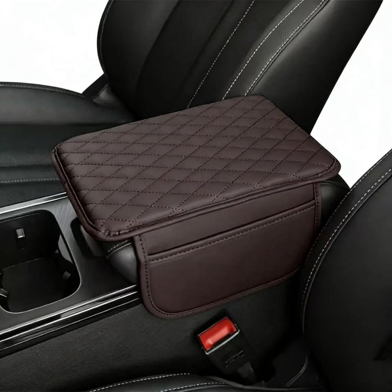 Cenpuxe Car Armrest Cover for Seat Leon IV (KL) Sportstourer 2020-2024+, Center Console Cushion Pad Wear Box Mat with Side Bags leather Interior Accessories Genuine,A Brown