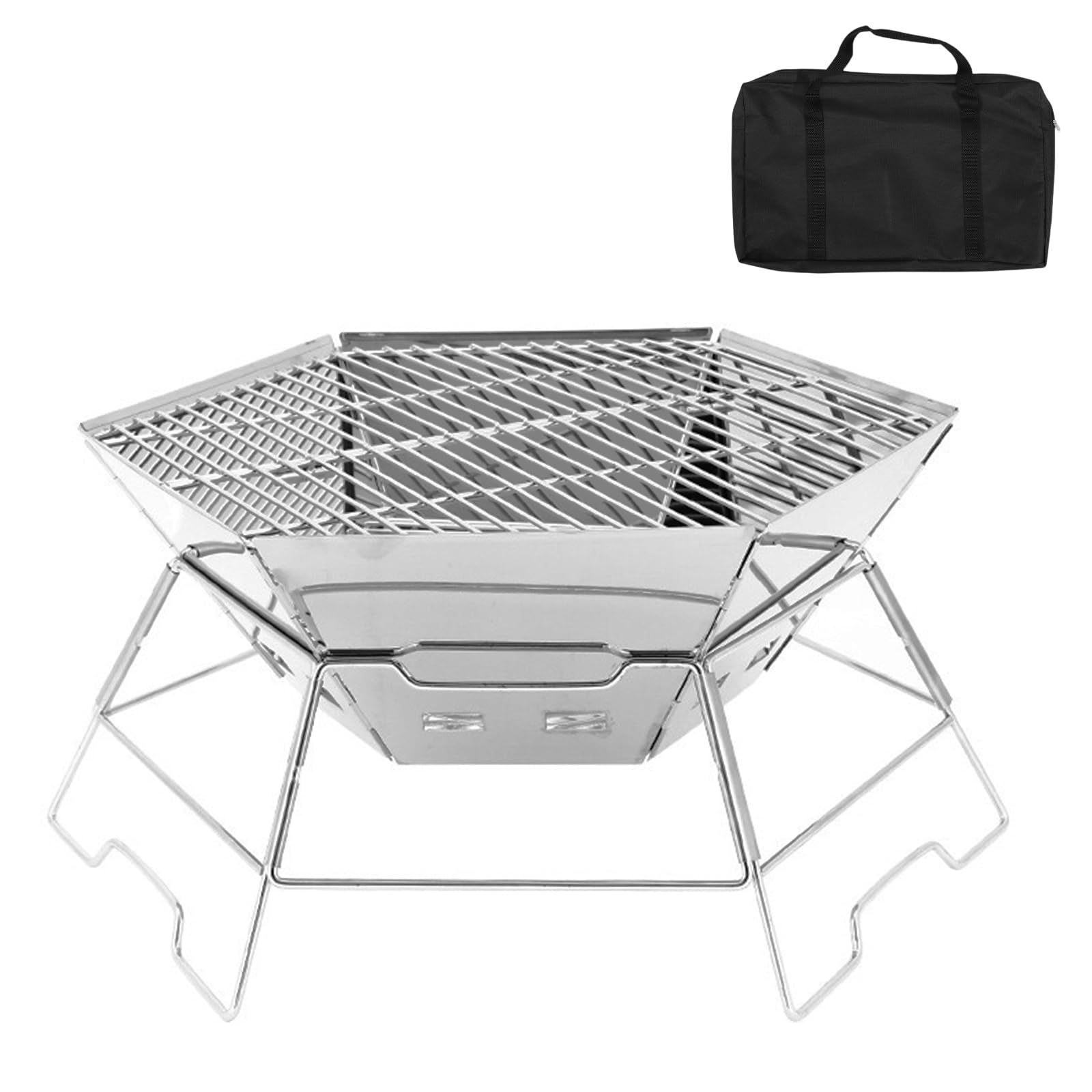 Qisuw Easy Assembly Transportable Hexagonal BBQ Barbecue for Camping Detachable Plan Compact Pliable Storage in Carry Bag Outdoor Barbecue with Net