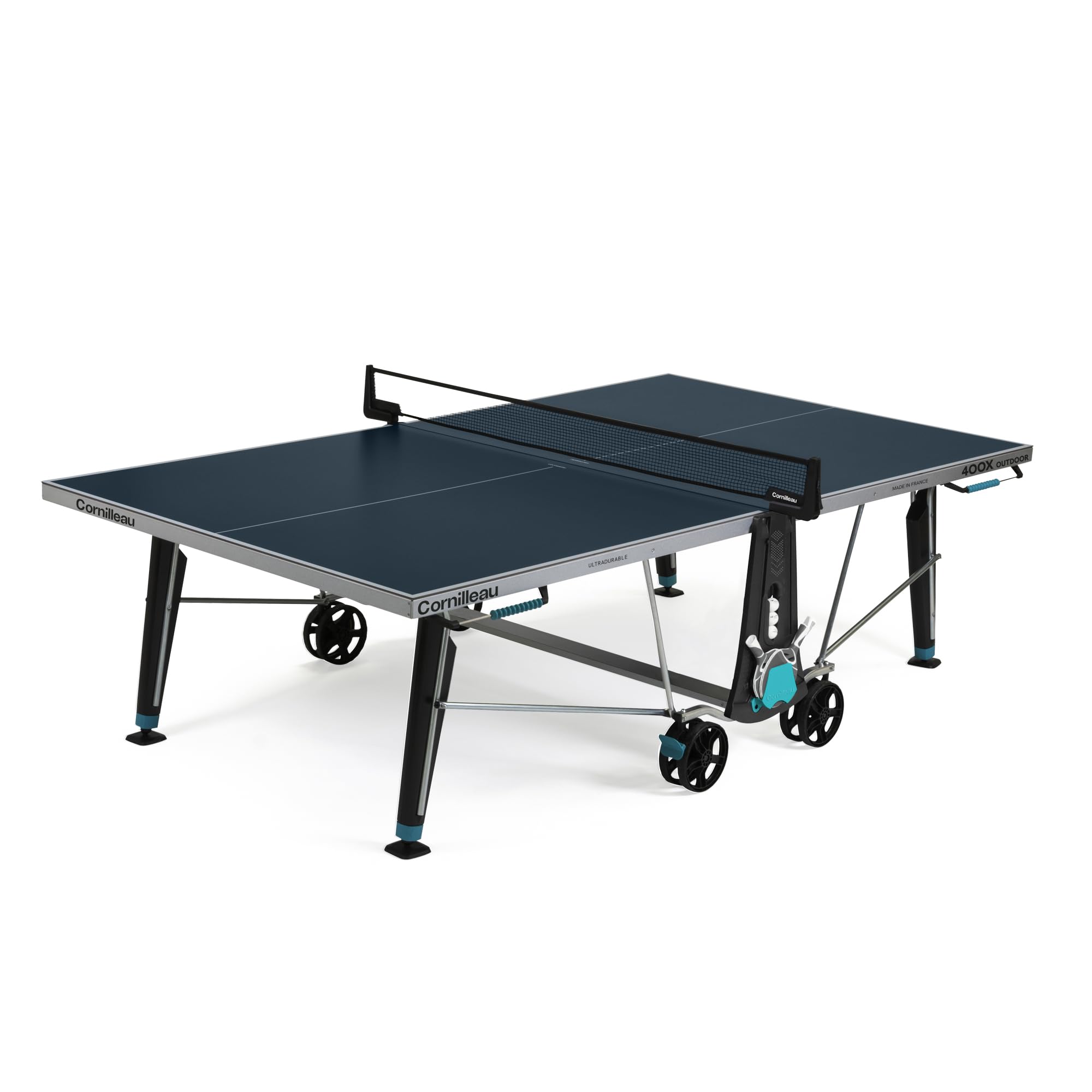 Cornilleau 400X - Outdoor Tischtennisplatte - Klappbar - Wetterfest - Robust - Rollbar - Tischtennistisch für draußen mit 5 mm Melaminharzplatte - Blau oder Grau