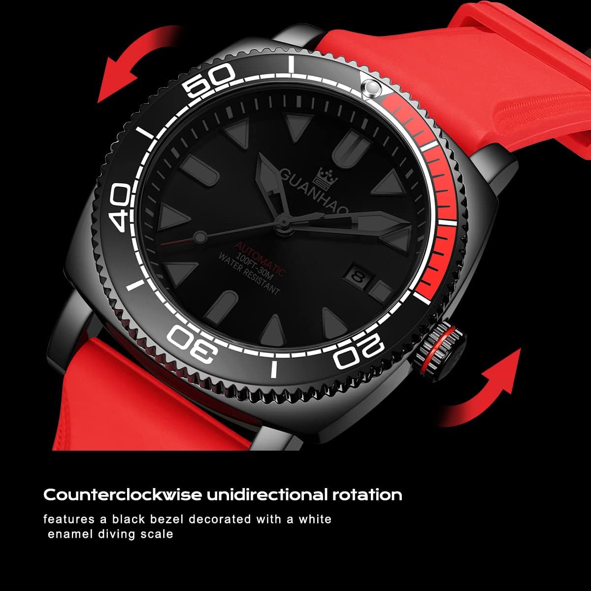 Red Mechanical Watch for Men, Sports Automatic Watches with Silicone Band Waterproof Luminous Calendar Stainless Steel Fashion Wristwatches Black Dial