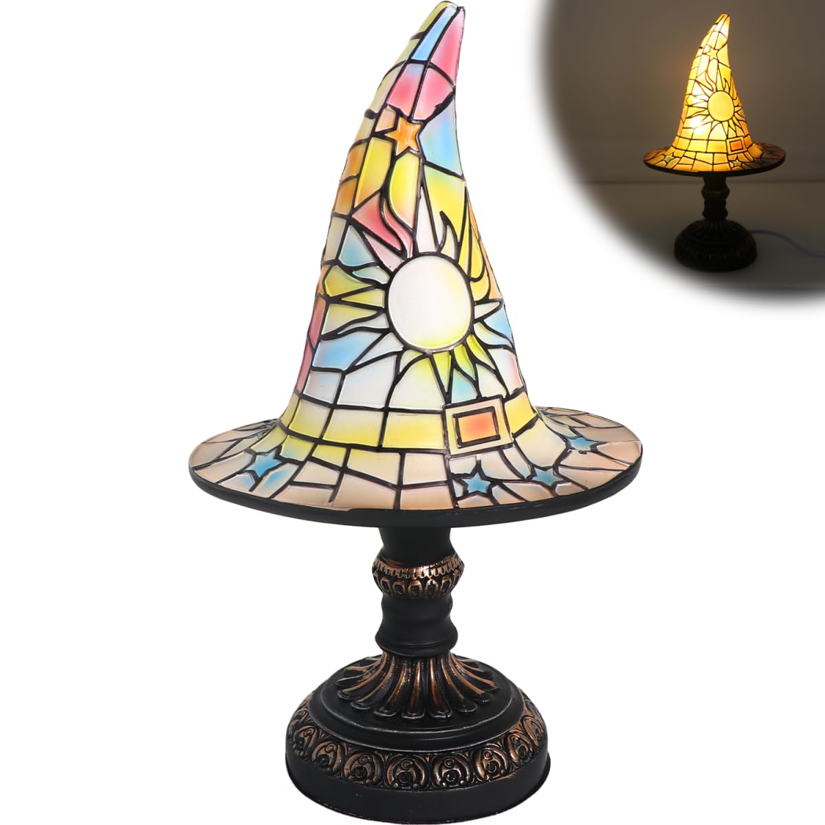 GDOWOHK Witch Hat Lamps, Handcrafted Stained Glass Gothic Wizard Hat Lights, Small Wizard Hats Shape Spooky Fun Light for Indoor Party Haunted Wiccan Halloween Decor, Halloween Day Gifts (Colorful)