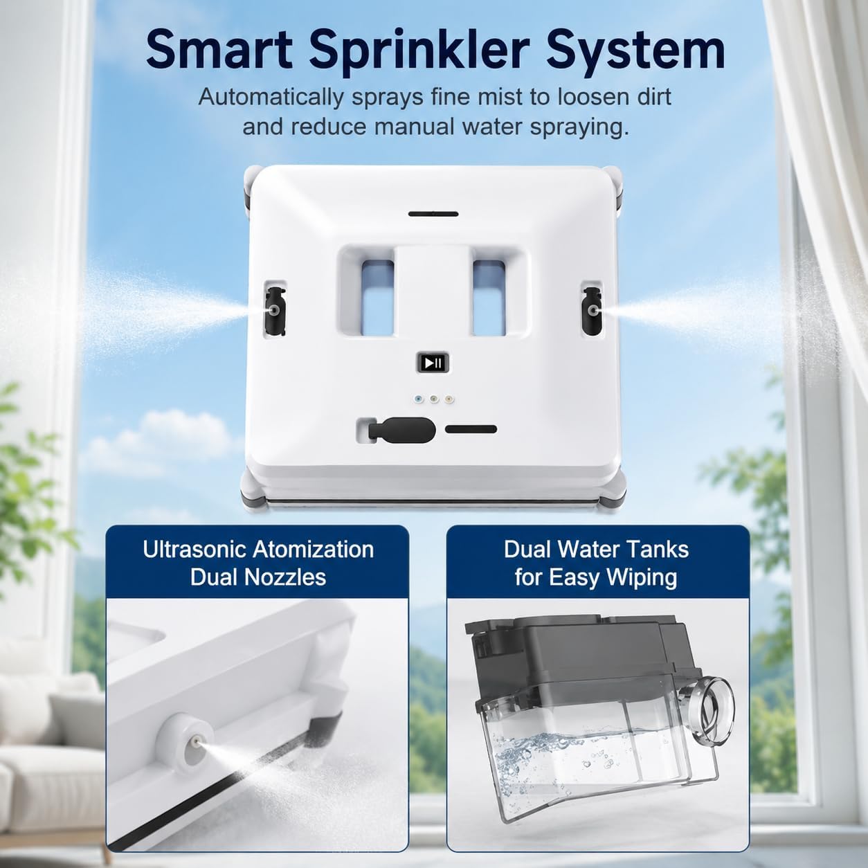 Robot limpiador de ventanas de 80 W, 3000 Pa con succión dual y spray de agua | Tres modos de camino, detección de bordes, cuerda de seguridad de 4,5 m y UPS soportan hasta 20 minutos
