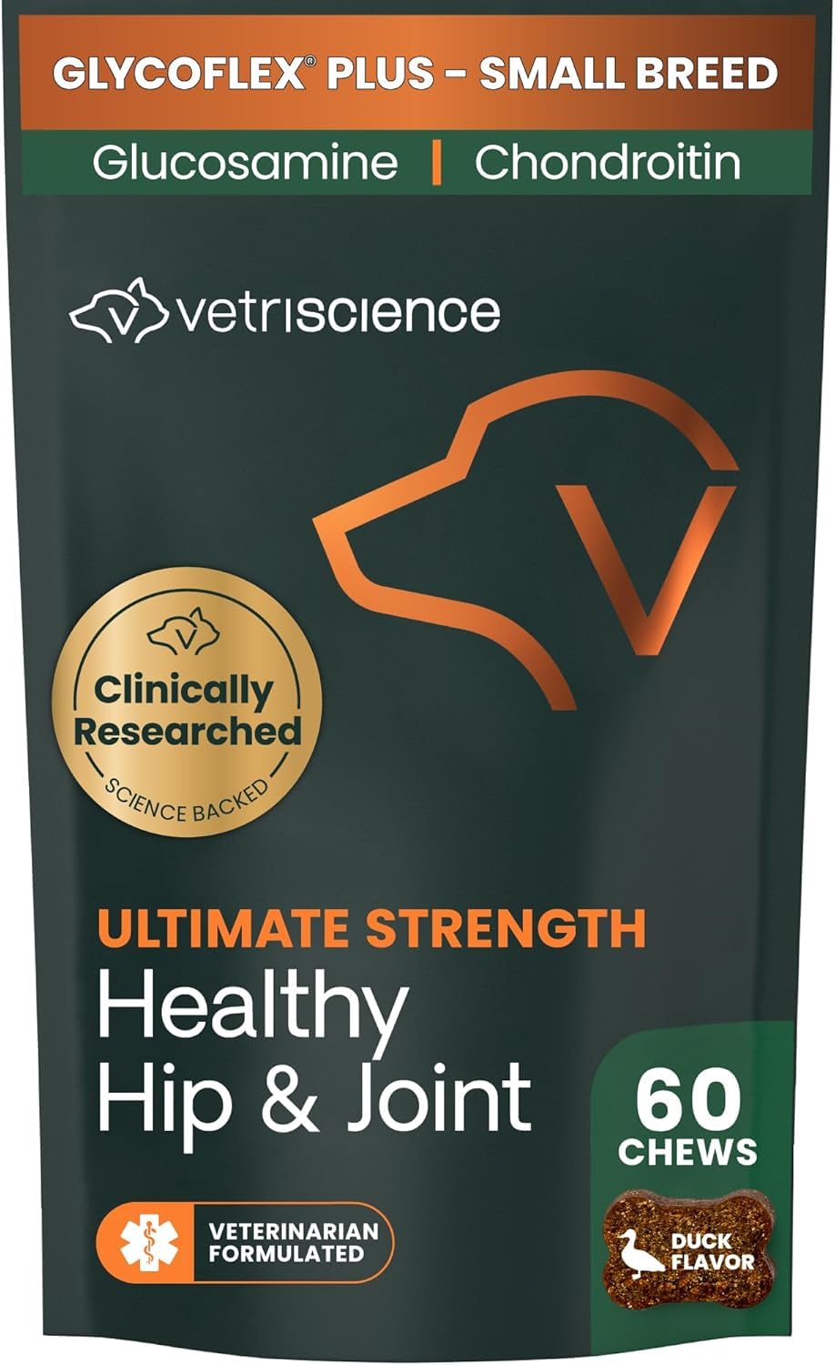 VetriScience Ultimate Strength Healthy Hip & Joint Chews, GlycoFlex Glucosamine, Chondroitin and Green-Lipped Mussel Joint Supplement for Small Breed Dogs, Soothe Joint Discomfort, Duck, 60 Count