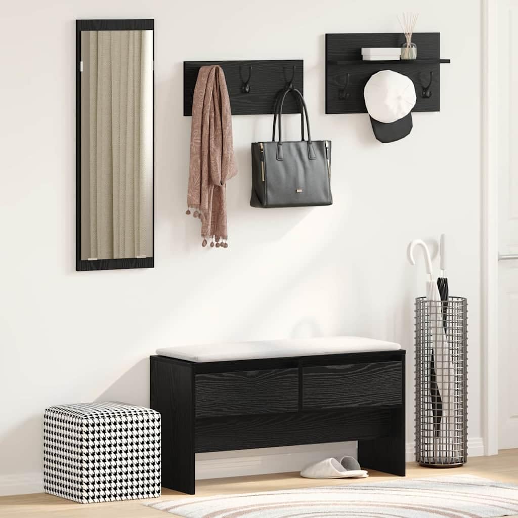Hothingwell Möbelset für Eingangsbereich, 4-teilig, Eiche, Schwarz, Holz, Ingenieurwesen | Sitzbank mit Sitz, Spiegel, Acryl, Integralgarderobe, Pflege mit feuchtem Tuch