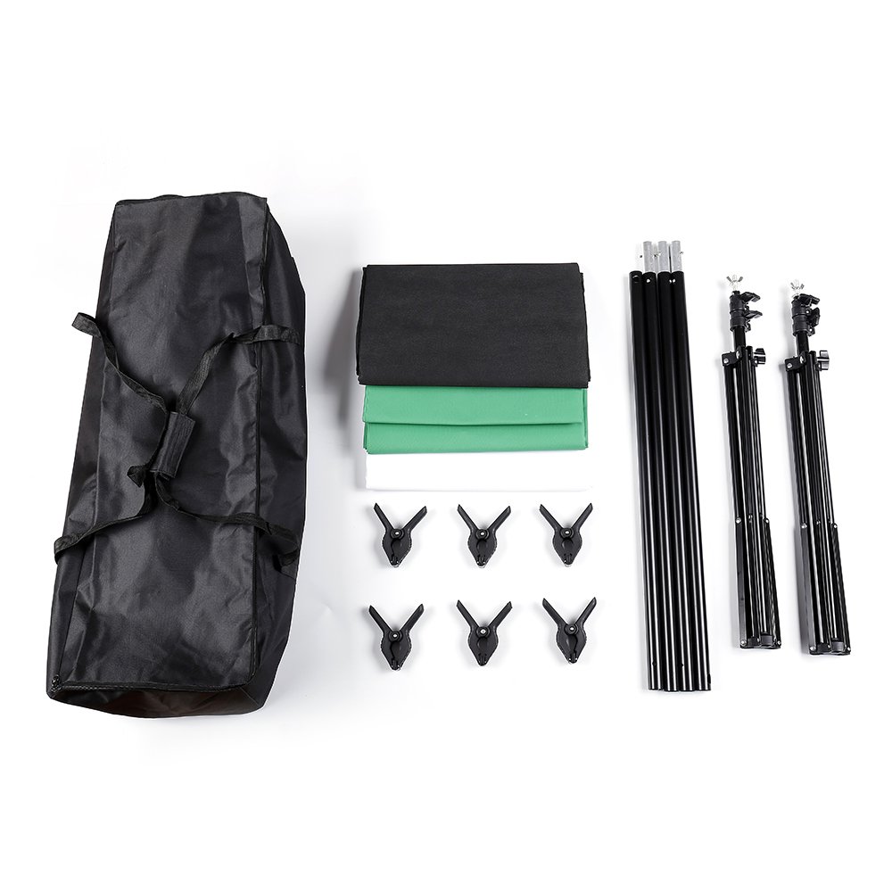 Outvita Support de Fond Réglable 2x3 m | Kit Professionnel avec 3 Toiles (Blanc/Noir/Vert) et Sac de Transport