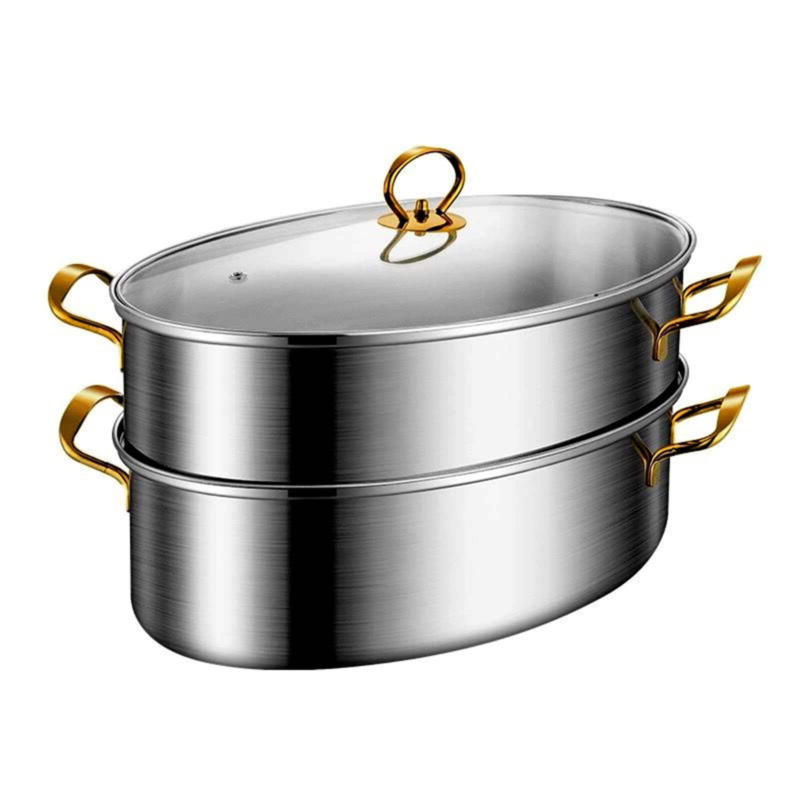 Eliptyczna patelnia do pieczenia na parze ze stali nierdzewnej, wielofunkcyjna, owalna, z stojakiem, kompatybilna indukcyjnie, nadaje się do mycia w zmywarce, piekarniku, podwójna warstwa