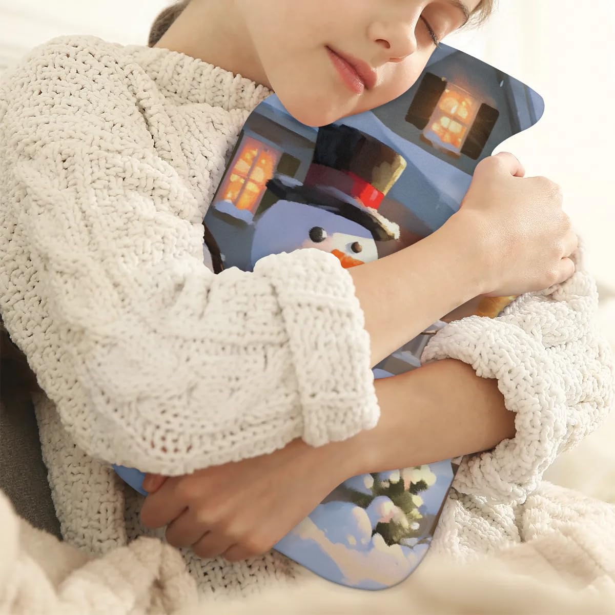 Hot Water Bottle with Soft Cover,2L Watercolor Snowman Hot Water Bag for Hot and Cold Compress, Hand Feet Warmer, Retro Snowman Rubber Hot or Cold Water Bottle Halloween Christmas Decorations