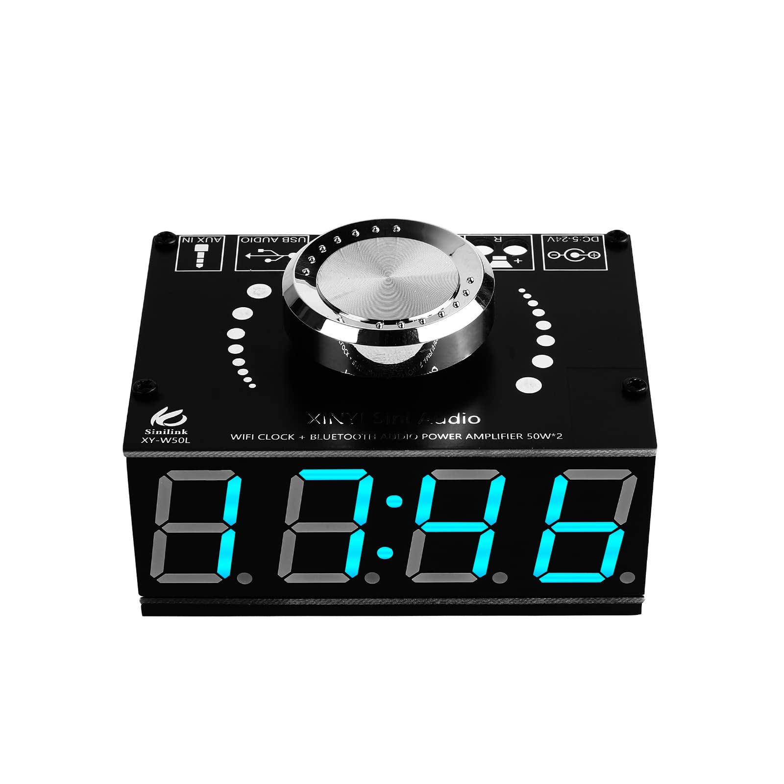 Six alarm clock settings on the PEMENOL XY-W50L amplifier board, showing on and off states