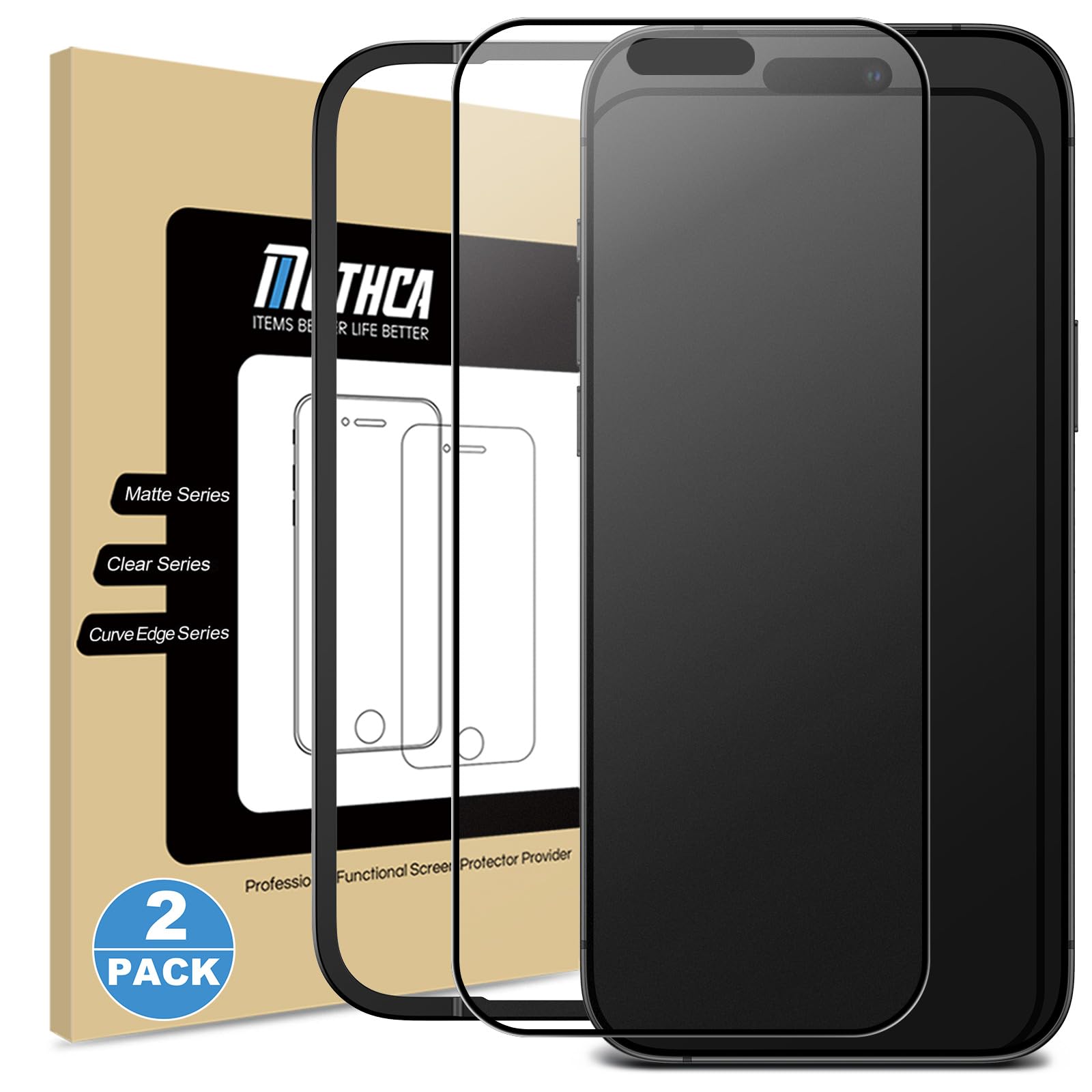 Photo 1 of Mothca 2 Pack Matte Glass Full Coverage Screen Protector for iPhone 17 / iPhone 16 Pro 6.3-inch, Anti-Glare Anti-Fingerprint Black Edge Tempered Glass Film with Easy Installation Tool, Smooth as Silk