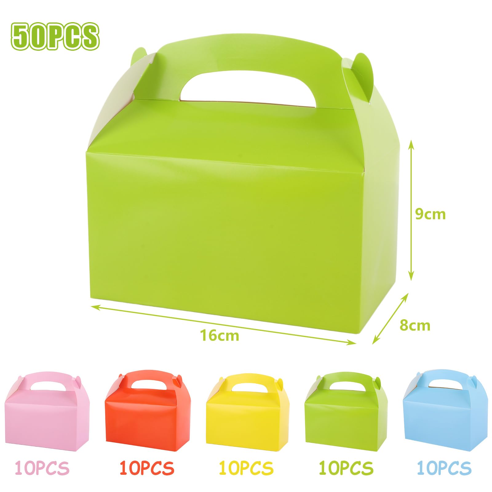 ASelected 50Pcs Party Treat Boxes 16X9X8Cm Party Favor Treat Boxes 5 Colors Gable Treat Boxes for Sweets Treats Lunch Goodie Cookie(Pink,Green,Yellow,Blue,Orange) - Image 2