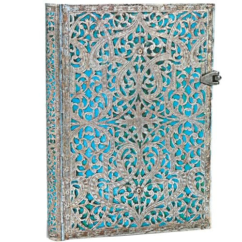 Paperblanks Notizbuch mit Lesebändchen & Innentasche | Maya Blau | Midi (180 x 130 mm) | 240 Seiten | Liniert: Lined Midi (Silver Filigree Collection)
