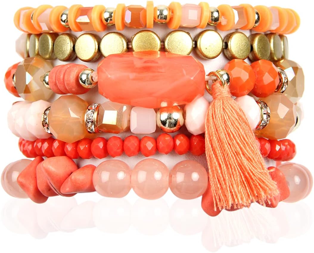 Coin Bead Multi Layer Versatile Statement Bracelets - Stackable Beaded Strand Stretch Bangles Sparkly Crystal, Tassel Charm
