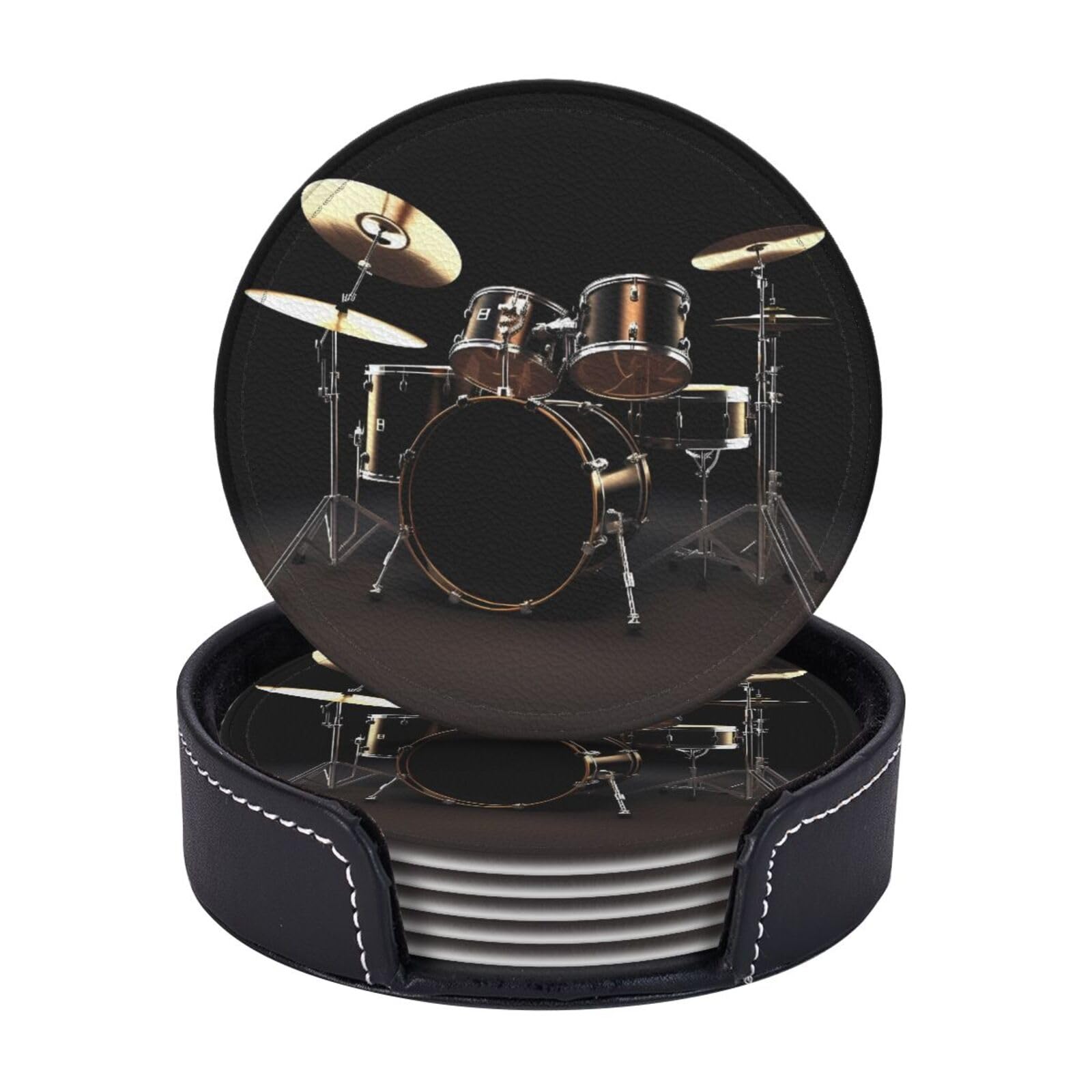 Round Coasters for Drinks Set of 6 - PU Leather Coasters with Holder - Modern Drink Coasters for Coffee Table - Cool Drum Set Coaster for Tabletop Protection 4" Cup Mat Pad