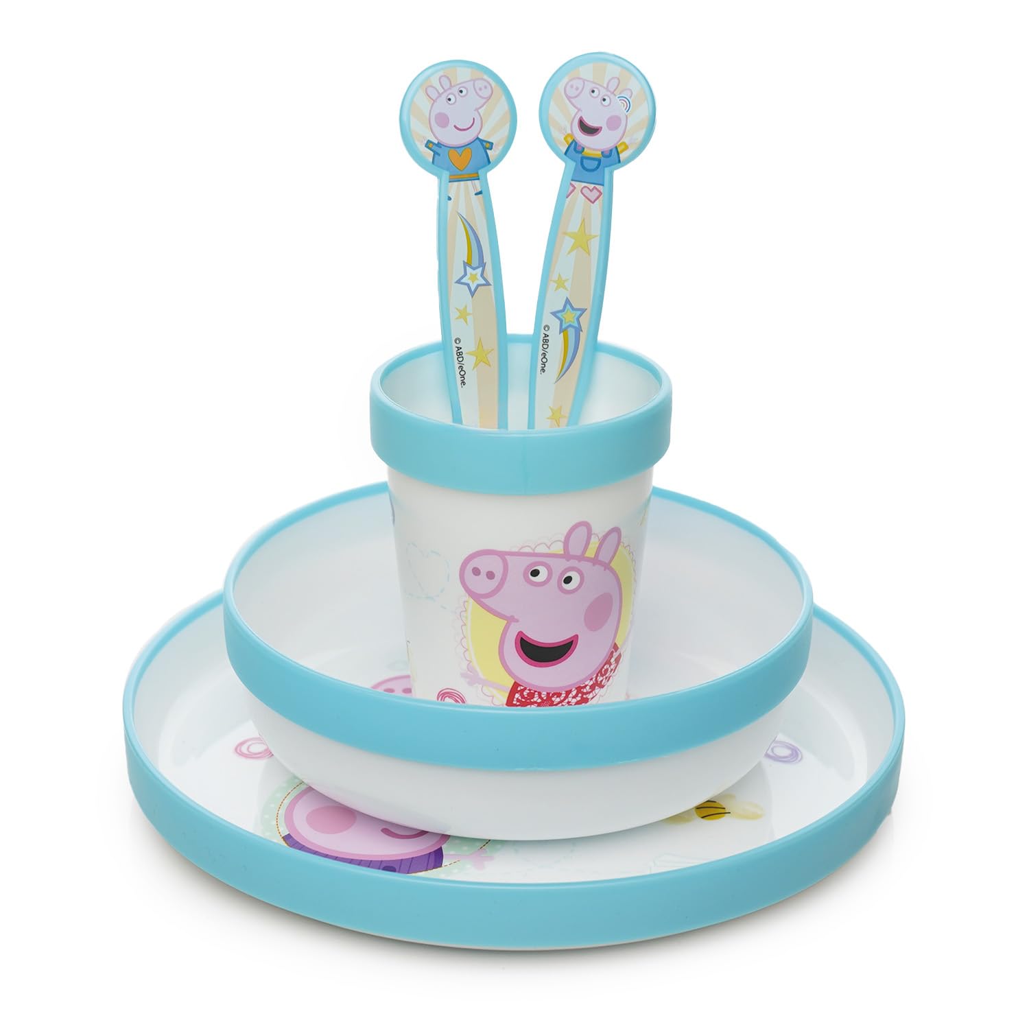 THERMOBABY Coffret repas complet Peppa Pig antidérapant | Coffret avec assiette, bol, gobelet et couverts, compatible micro-ondes, dès 10 mois.