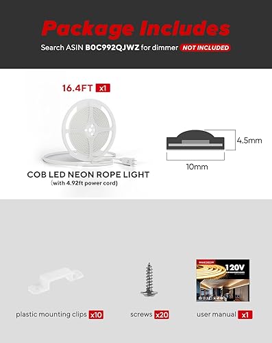 Miniatura 7 de Shine Decor COB - Cuerda de luz LED CA de 120 V, 800 lm ultra brillante, IP65 resistente al frío, tira de neón ETL, sin cinta de controlador para