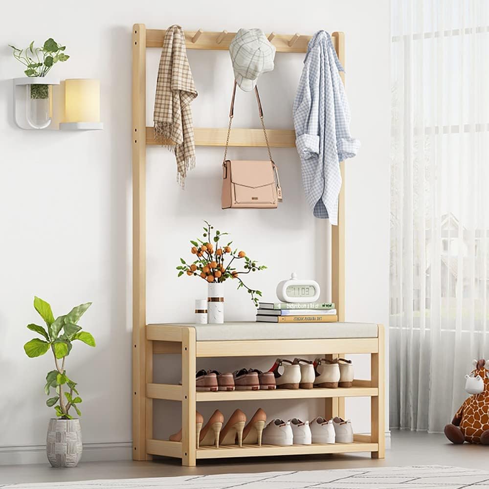 3-in-1 Entryway Hall Tree with Shoe Bench, Coat Rack with 6 Hooks and 2 Hanging Rods, Coat Tree with 2-Tier Shoe Rack for Hallway Bedroom, Easy to Assemble 84x3