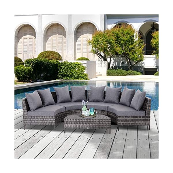 Outsunny Rattan Garden Furniture 4 Seaters Half-round Patio Outdoor Sofa & Table Set Wicker Weave Conservatory Cushioned Seat with Pillow - Grey - Image 9