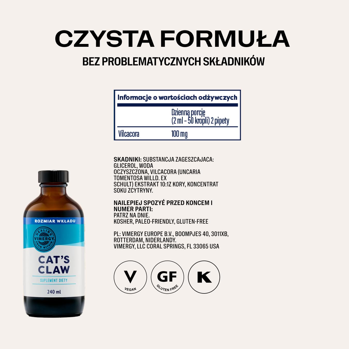 Suplement ziołowy Vimergy – Płynny organiczny Koci Pazur – Nowy, świeższy ekstrakt dla wsparcia antyoksydacyjnego – Vegański, paleo, bezglutenowy, koszerny – 120 porcji (240 ml)