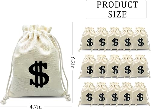 Miniatura 3 de Paquete de 15 bolsas de lona de 4.7 x 6.2 pulgadas con letrero de dólar, bolsas de dinero decorativas con cordón para ladrones de bancos, pirata,