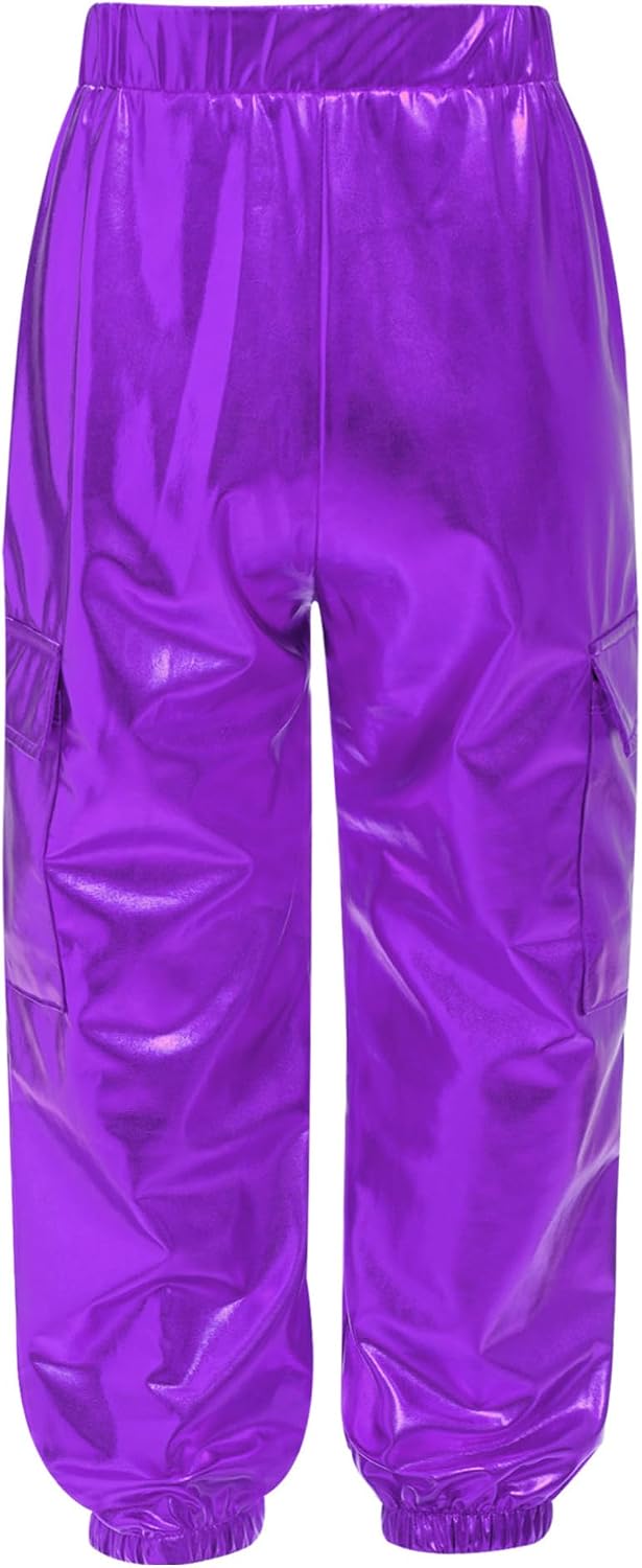 Freebily Girls Boys Shiny Metallic Cargo Pants Kids Multi Pockets Trousers Holographic Hip-Hop Jazz Dance Joggers