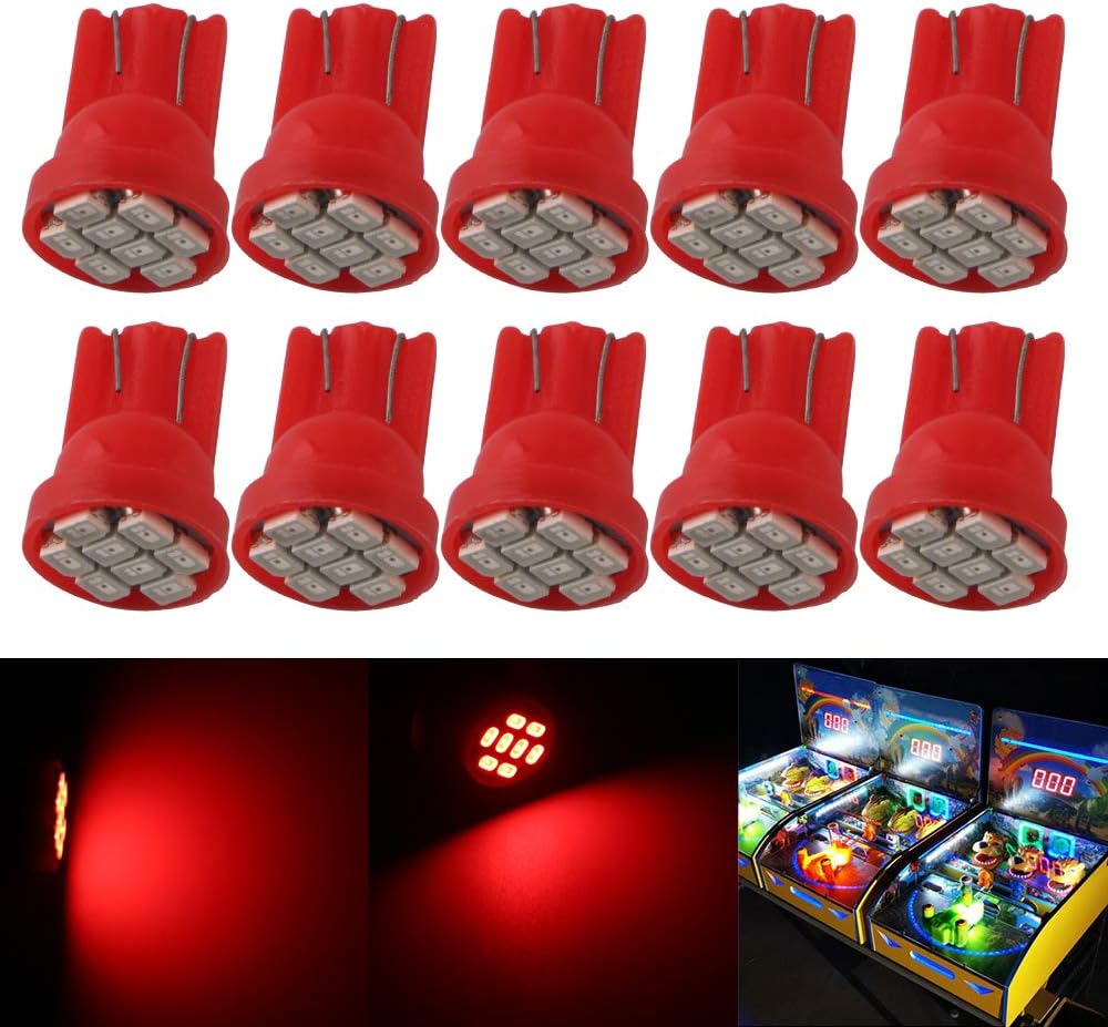 Non-polar AC DC 6V 6.3V 555 T10 194 168 W5W Bayonet Led Bulb for Arcade Pinball Led Bulbs Pinball Gaming Machine Light Bulb Lamp(Pack of 10,Red)