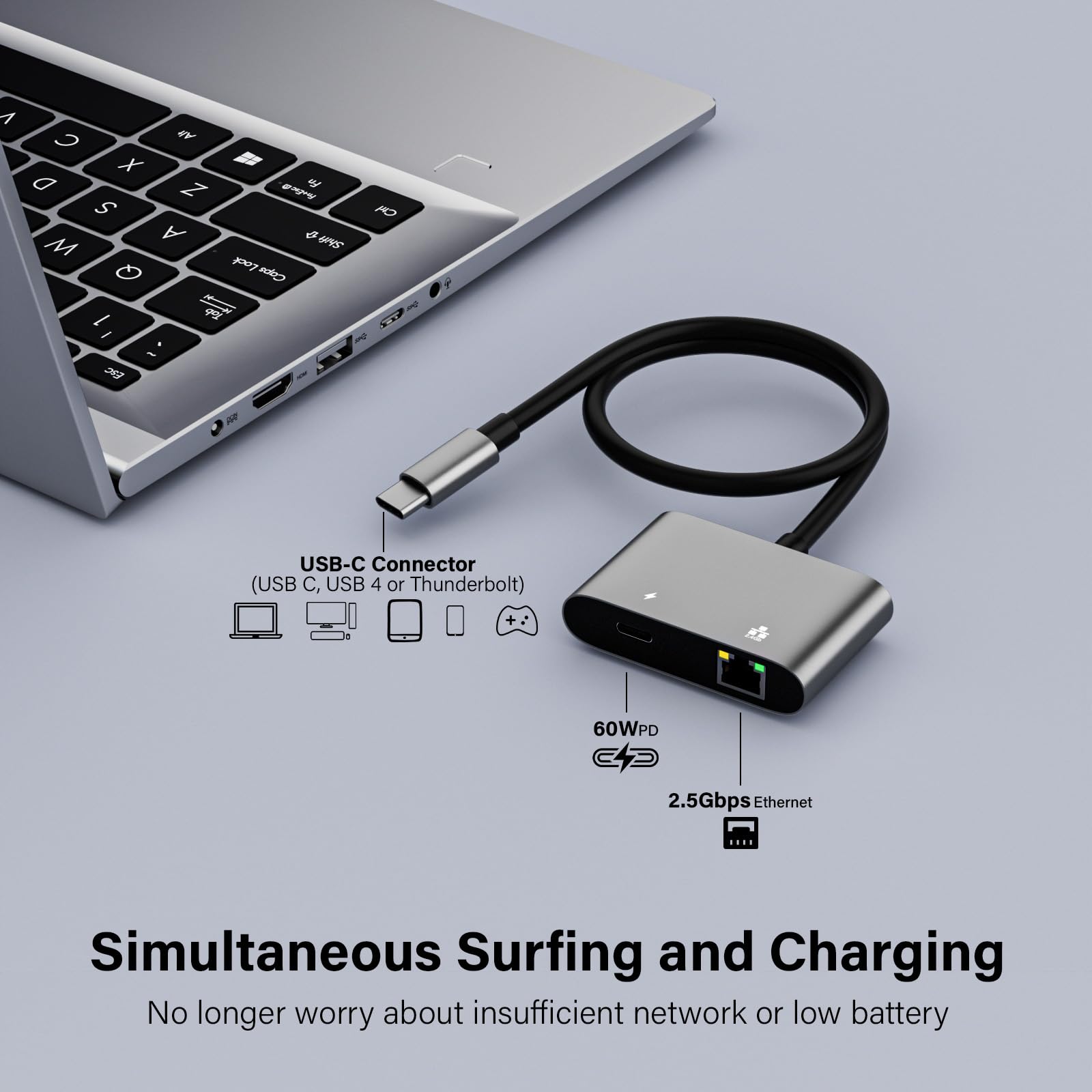 tiavalmax USB C to Ethernet Internet Adapter 2.5Gbps, 2-in-1 Aluminum Type C 3.1 to RJ45 LAN Network Adapter with 60W USB-C PD Charging Port for iPhone 16/15, iPad, Galaxy, Laptop, PC, MacBook, Switch
