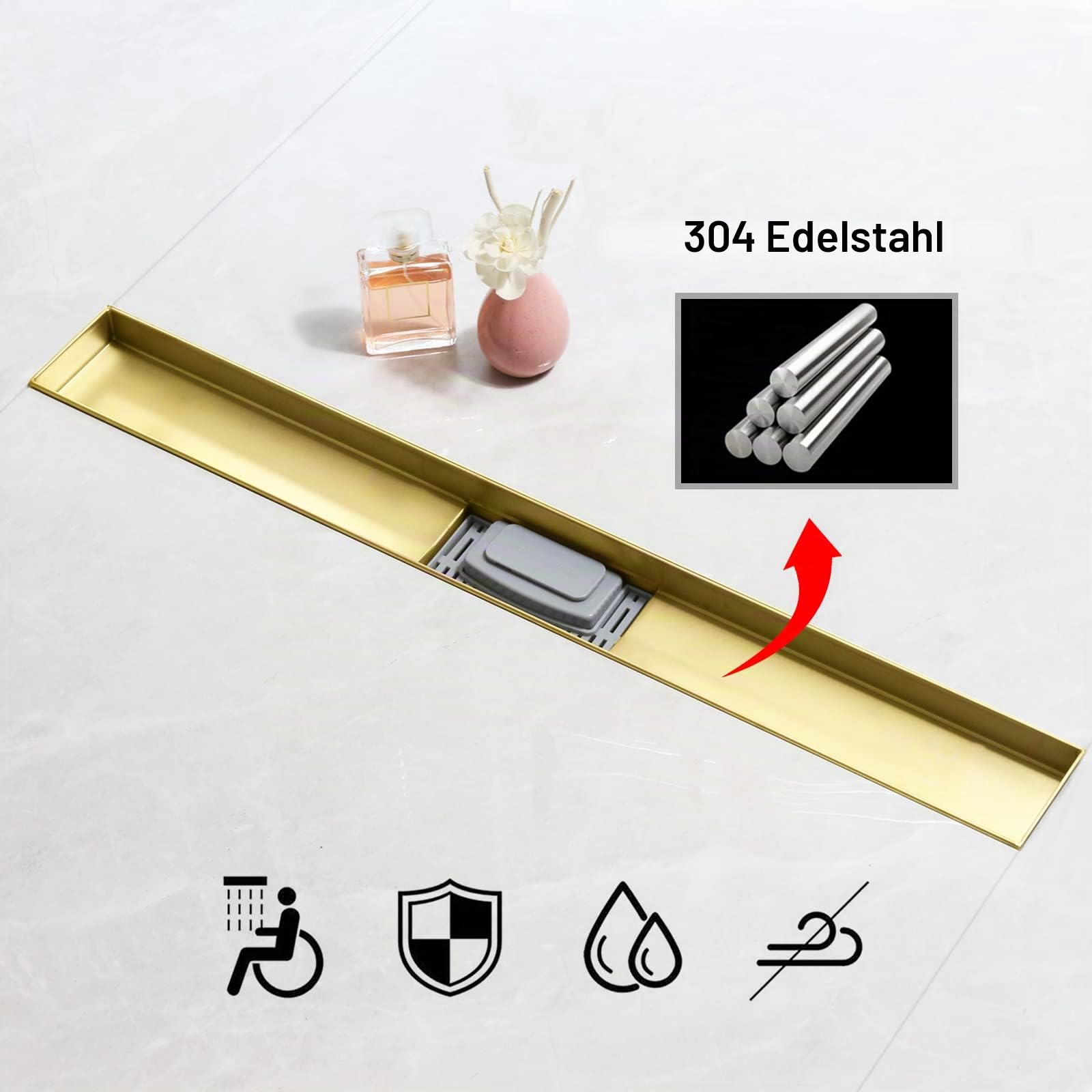 SaniteModar Duschrinne 80cm, Gold | Befliesbar Edelstahl Duschrinne mit Siphon Geruchsstop und Haarfilter, Duschablauf Komplettset