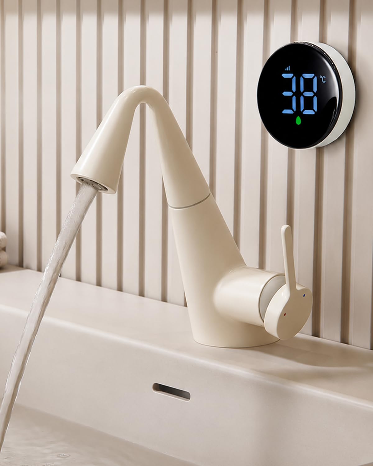 Grifo de Baño, Grifo Lavabo Extraíble con LED Pantalla Temperatura, Blanco