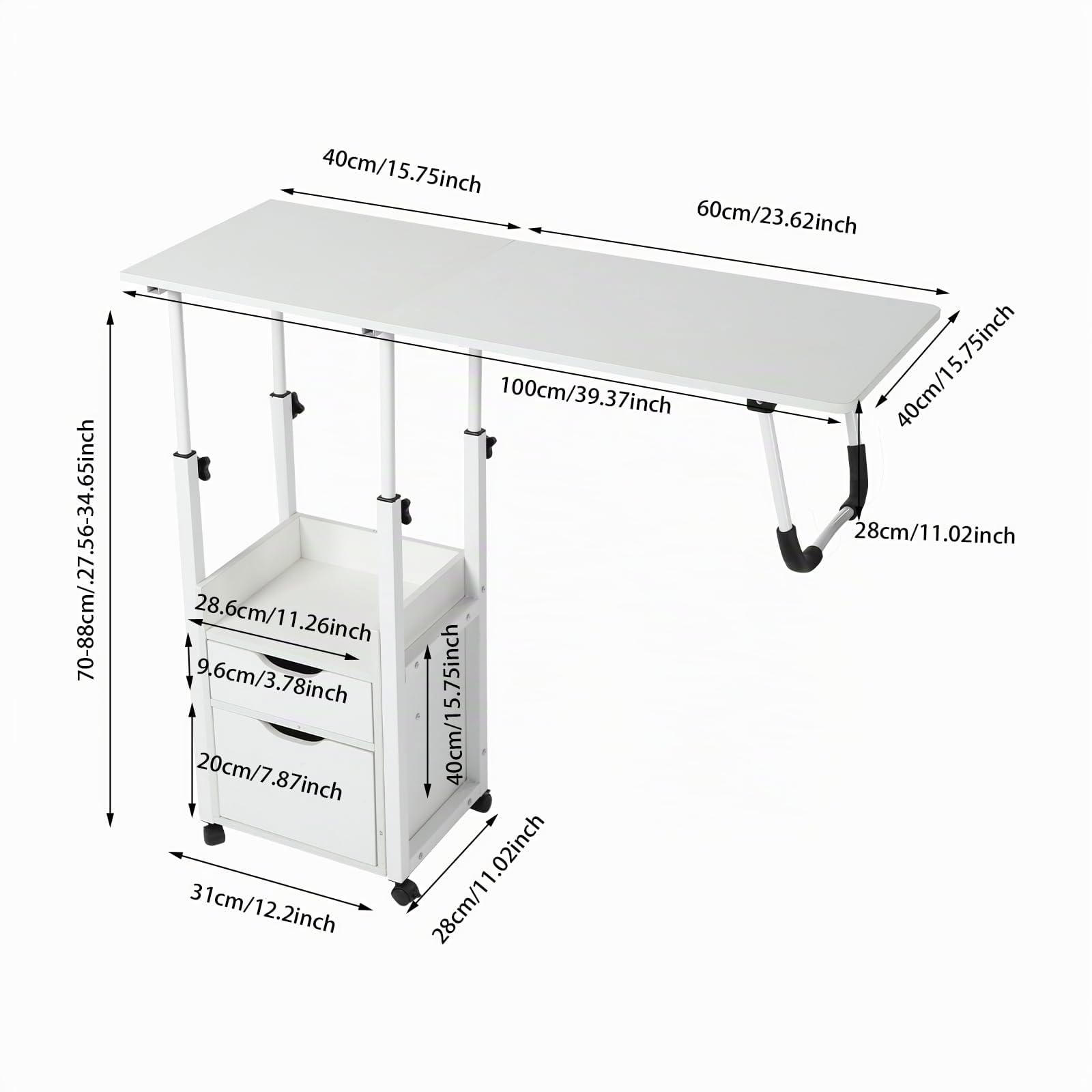 Betttisch mit Rollen und Bremse, Mit Schließfächern und Schubladen, Laptoptisch und klappbar, Beistelltisch für Bett und Sofa, 70-88cm Höhenverstellbar, Gesamtbelastbarkeit 20kg (Weiß)