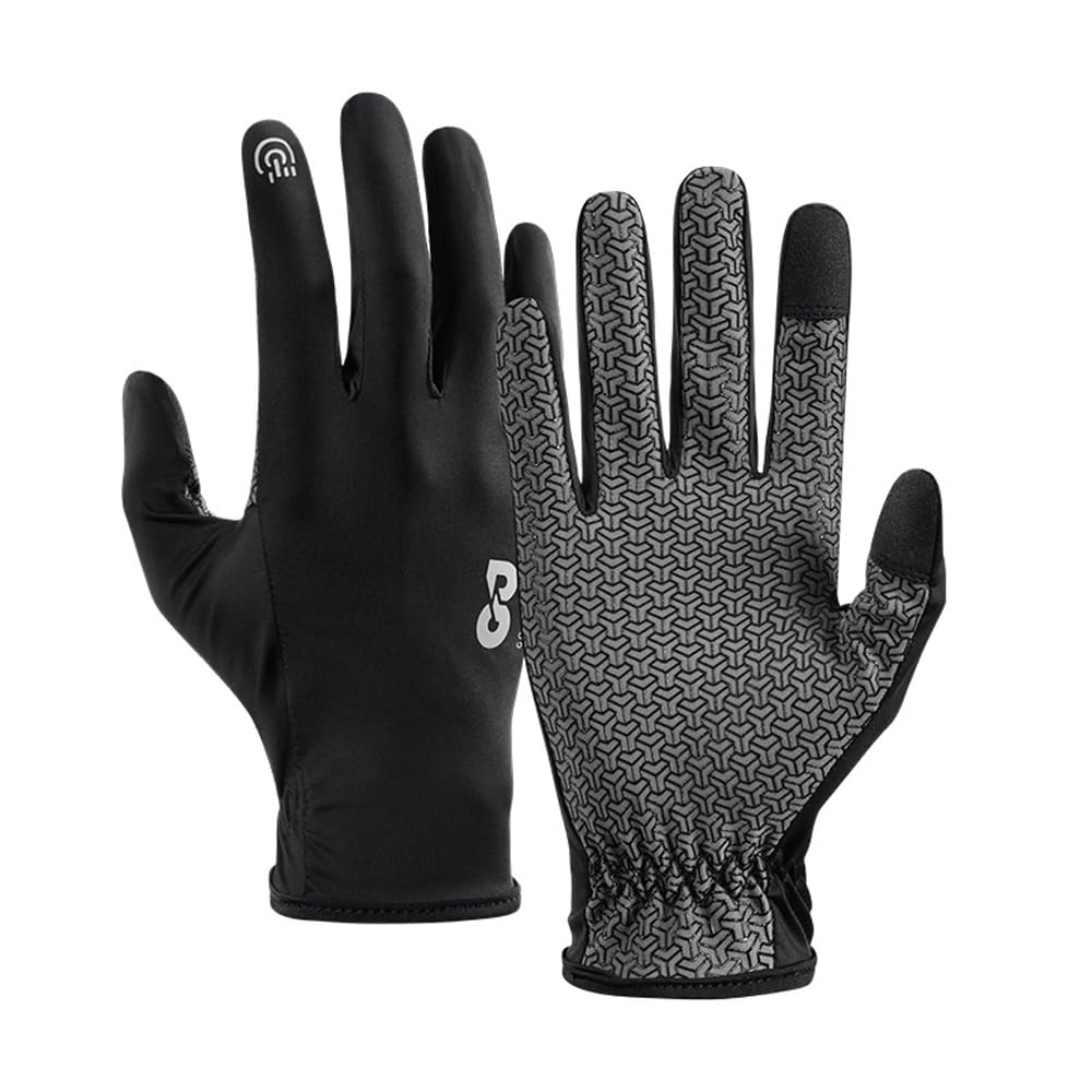 Breathable Bike Gloves for Men Women, Full Finger Thin Hiking Gloves, Touchscreen Black Motorcycle Glove, Non-Slip Silicone Gel Full Finger Mittens for Running Cycling Driving Hiking Fishing