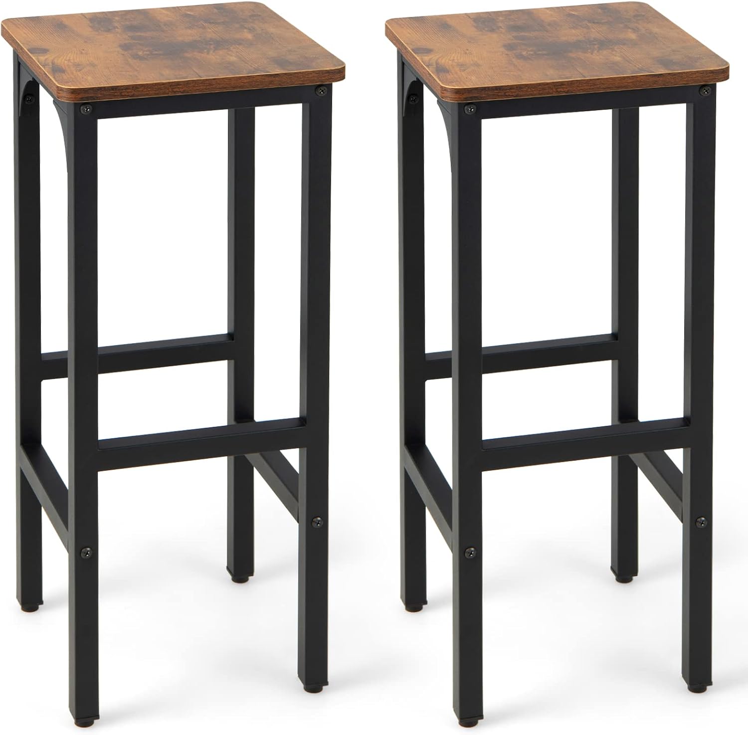 Set of 2 Black and Rustic Brown Adjustable Wood and Metal Bar Stools