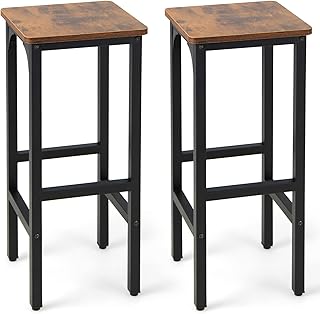 TANGZON Bar Stools Set of 2, Kitchen Counter Breakfast Stools with Footrests & Adjustable Foot Pads, Steel Frame Industrial Wooden Bar Chairs for Home Pub Living Room (Rustic Brown + Black)